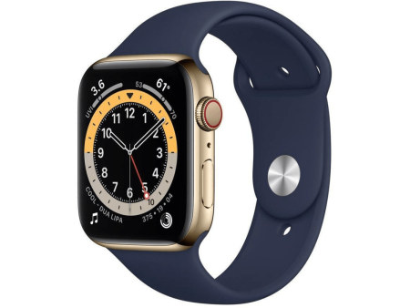 Apple Watch (Series 6) 2020 GPS + Celular 44 - Aço inoxidável Dourado - Bracelete desportiva Azul Profundo Cheap