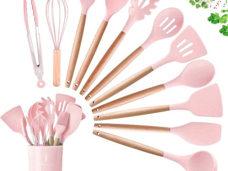 Kitchen Utensils Set, 12-Piece, with Cutlery Box, Silicone Wooden Handle - Refurbished For Cheap